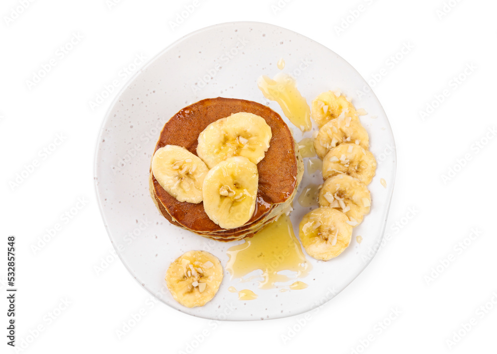 Plate of banana pancakes with honey isolated on white, top view Plate of banana pancakes with honey isolated on white, top view