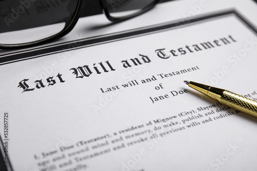 Pen on last will and testament, closeup