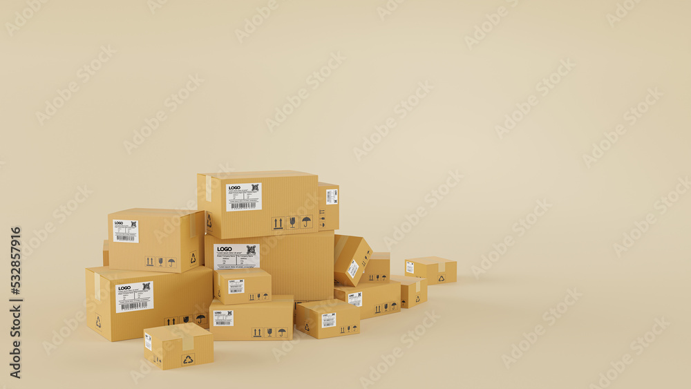3D render of pile of stacked realistic cardboard brown delivery boxes mockup on brown background. delivery cargo box with fragile care sign symbol, handling with care. Parcel packaging template. 3D render of pile of stacked realistic cardboard brown delivery boxes mockup on brown background. delivery cargo box with fragile care sign symbol, handling with care. Parcel packaging template.