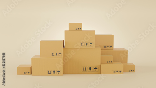 3D render of pile of stacked realistic cardboard brown delivery boxes mockup on brown background. delivery cargo box with fragile care sign symbol, handling with care. Parcel packaging template. © W.bass