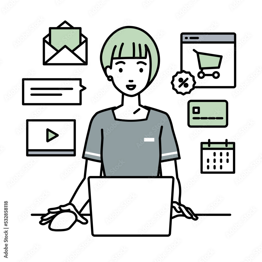 デスクで座ってPCでネットショップやマーケティングの仕事をしているエステ店員の女性