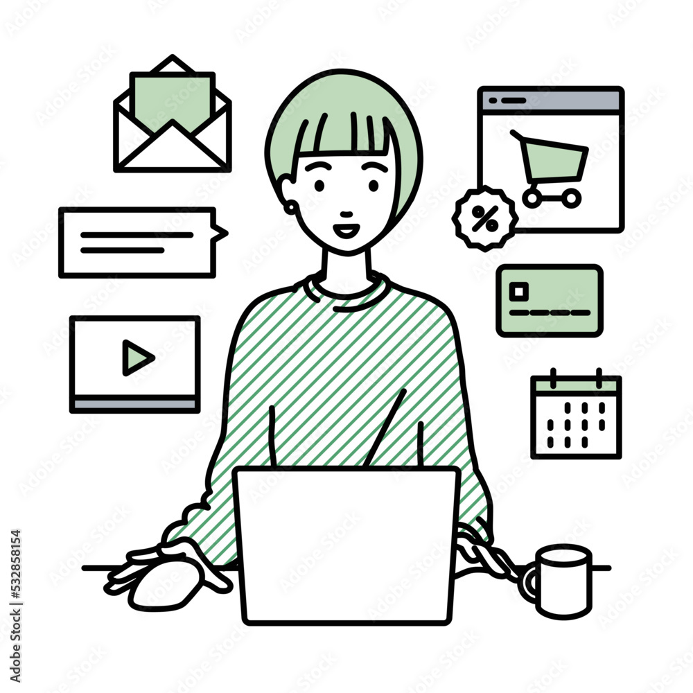 デスクで座ってPCでネットショップやマーケティングの仕事をしているリモートワークの女性