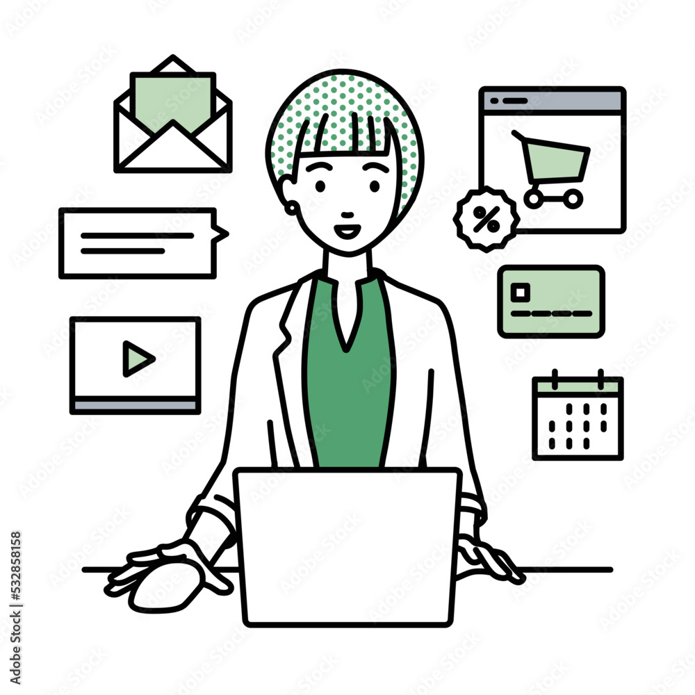 workers-pc-apps-woman1-front--greenデスクで座ってPCでネットショップやマーケティングの仕事をしているジャケットの女性 workers-pc-apps-woman1-front--greenデスクで座ってPCでネットショップやマーケティングの仕事をしているジャケットの女性