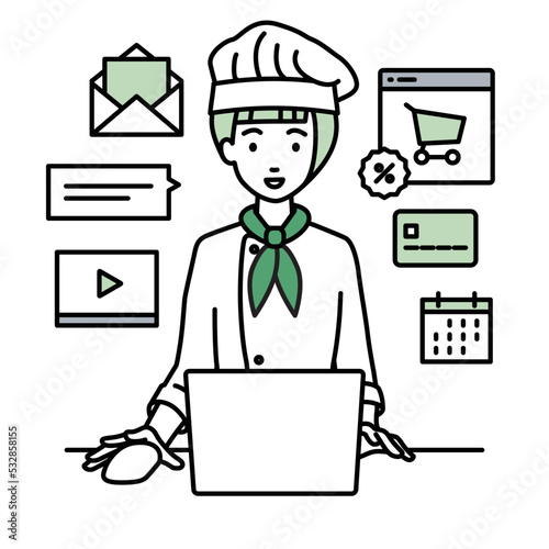 デスクで座ってPCでネットショップやマーケティングの仕事をしている調理師の女性