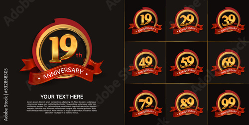set of anniversary with golden color and red ribbon can be use for celebration moment