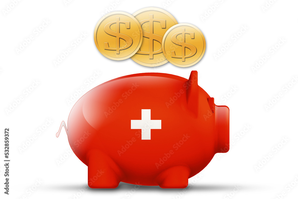 Piggy bank with Switzerland flag and gold coin Piggy bank with Switzerland flag and gold coin