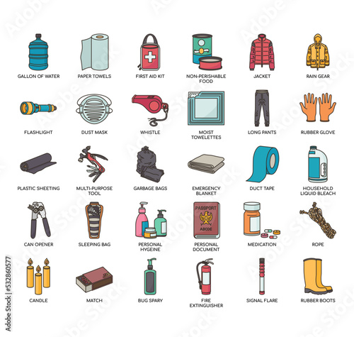 Set of Disaster Supply Kit  thin line icons for any web and app project.
