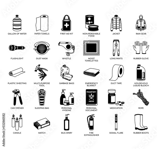 Set of Disaster Supply Kit  thin line icons for any web and app project.