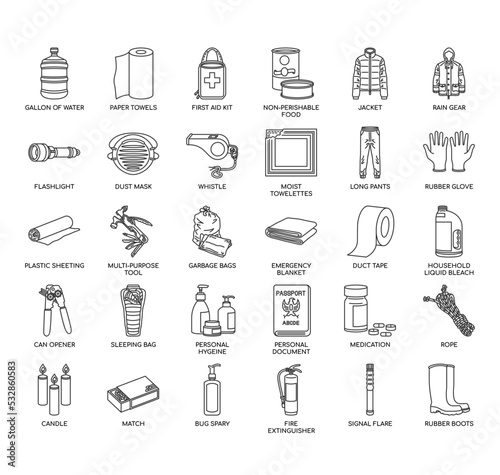 Set of Disaster Supply Kit  thin line icons for any web and app project.