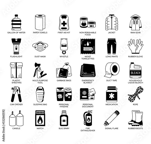 Set of Disaster Supply Kit thin line icons for any web and app project.