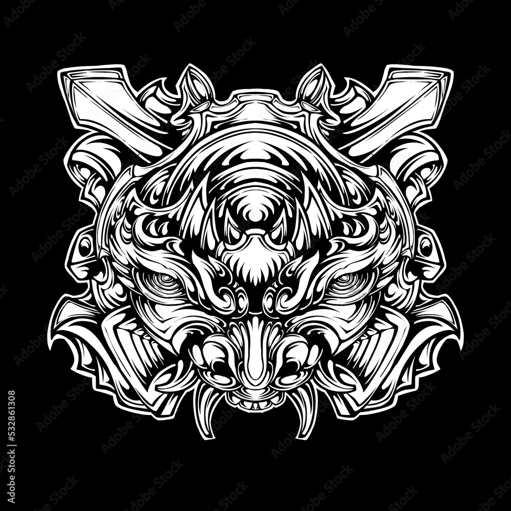 Fototapeta premium Japanese tattoo oni mask tribal illustration