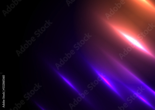 Abstract black background with violet orange neon glowing stripes. Vector illumination design