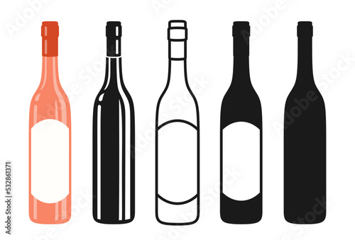 Wine bottle symbol set, silhouette, icon, stamp engraving design. Alcohol beverages red rose wine, champagne. Celebration winemaking advertisement bottles mockup for bar, cafe, restaurant vector