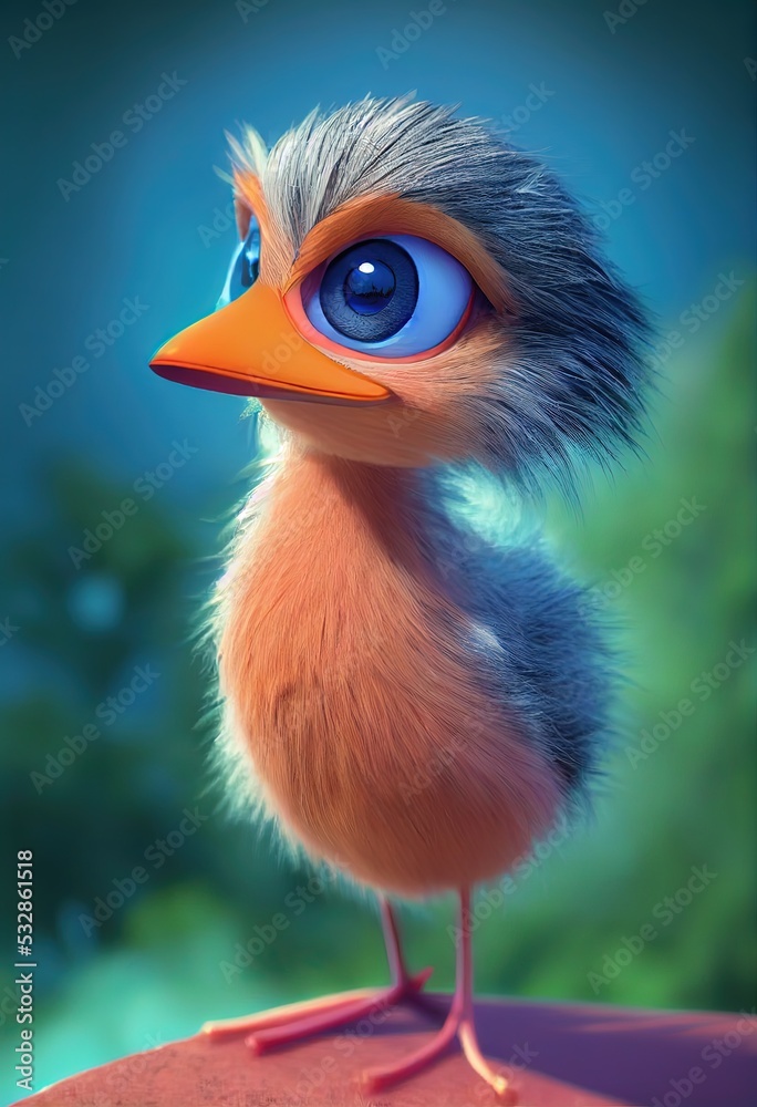 An adorable roadrunner bird created by artificial intelligence using a 3D CGI style akin to modern American animation studios.