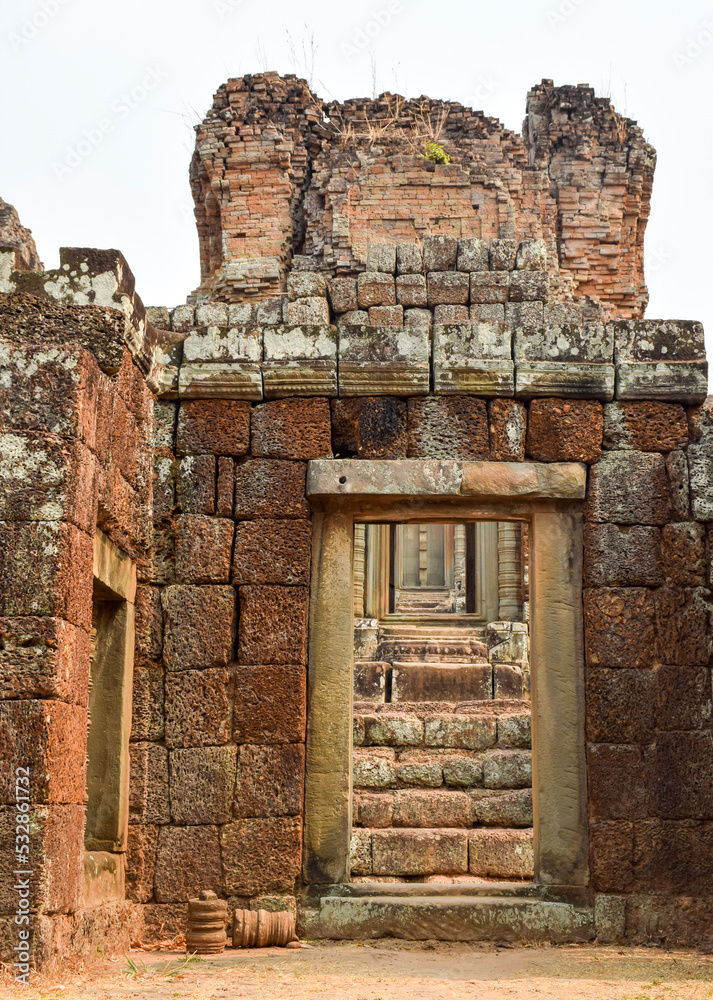 The East Mebon is a 10th Century temple at Angkor, Cambodia. Built during the reign of King Rajendravarman, it stands on what was an artificial island at the center of th