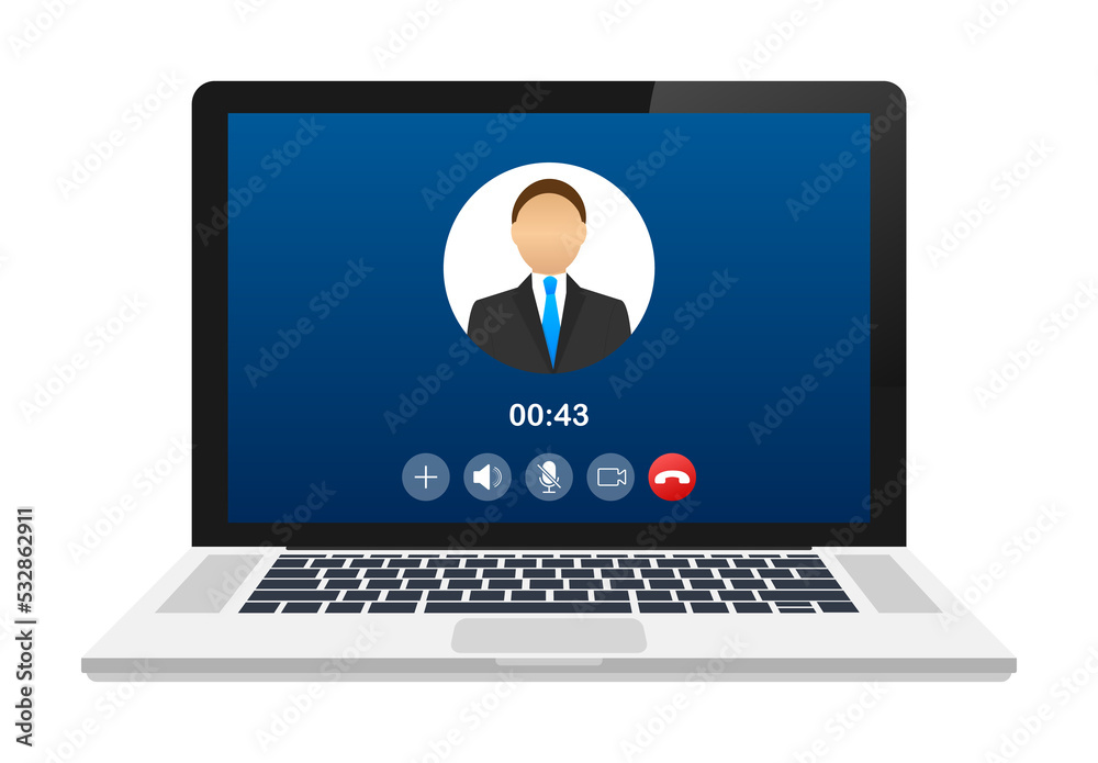 Incoming video call on laptop. Laptop with incoming call, man profile picture and accept decline buttons. stock illustration. Incoming video call on laptop. Laptop with incoming call, man profile picture and accept decline buttons. stock illustration.