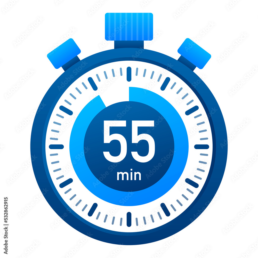 The 55 minutes, stopwatch icon. Stopwatch icon in flat style, timer on on color background. illustration. The 55 minutes, stopwatch icon. Stopwatch icon in flat style, timer on on color background. illustration.