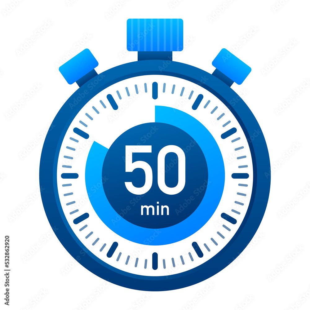 The 50 minutes, stopwatch icon. Stopwatch icon in flat style, timer on on color background. illustration. The 50 minutes, stopwatch icon. Stopwatch icon in flat style, timer on on color background. illustration.
