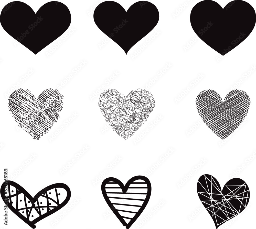 Heart hand draw vector. Black heart hand drawn love icons isolated. Paint brush stroke heart icon. Hand drawn vector for love logo, heart symbol, doodle icon and Valentine's day. Painted grunge vector