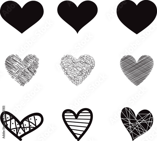 Heart hand draw vector. Black heart hand drawn love icons isolated. Paint brush stroke heart icon. Hand drawn vector for love logo, heart symbol, doodle icon and Valentine's day. Painted grunge vector