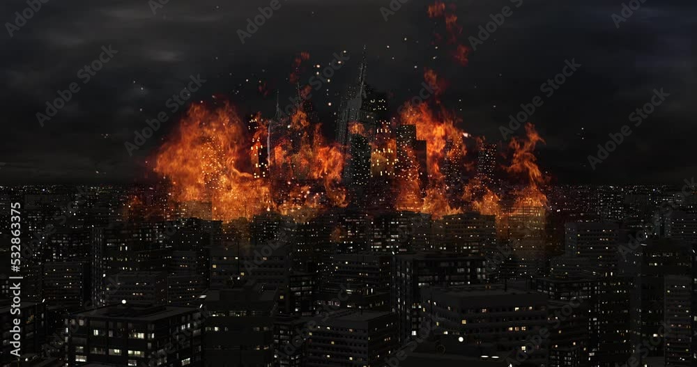 Aerial Bombing Of Crowded City At Night Time. Skyscrapers Collapsing. War And Destruction Related CG Concept.
