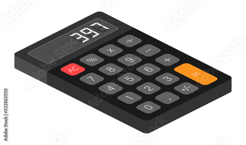 Black calculator white background. Modern design. Electronic portable calculator. stock illustration.