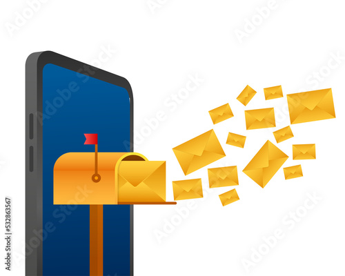 Envelope with a newsletter concept. Open message with the document. Subscribe to newsletter concept. stock illustration.