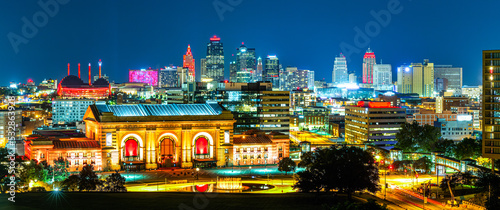 Kansas City skyline by night, viewed from Liberty Memorial Park, near Union Station. Kansas City is the largest city in Missouri. photo