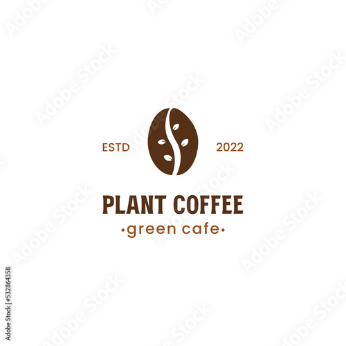 green cafe logo design vintage, coffee bean combine with plant logo concept