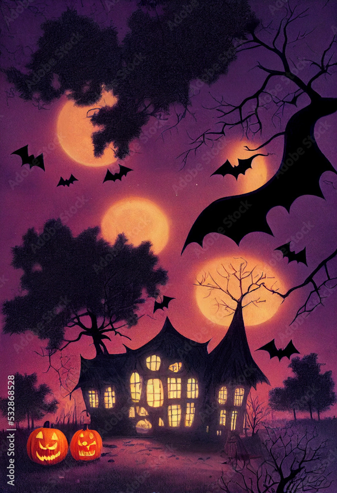 Halloween abstract children's illustration with spooky trees