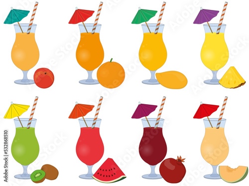Fresh juice cocktails collection in high glass with drinking straw and cocktail umbrella vector illustration