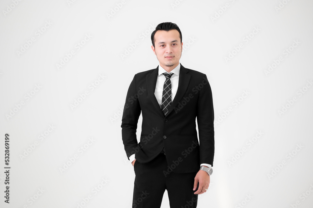 Young Asian handsome, wearing a black suit and celebrating victory isolated on white background. Young Asian handsome, wearing a black suit and celebrating victory isolated on white background.