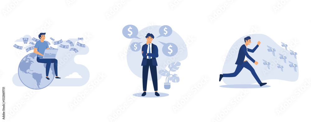prepare a business project start up, the company is engaged in the joint construction and the cultivation of cash profits, Man running after cash money flying away, set flat vector modern illustration prepare a business project start up, the company is engaged in the joint construction and the cultivation of cash profits, Man running after cash money flying away, set flat vector modern illustration