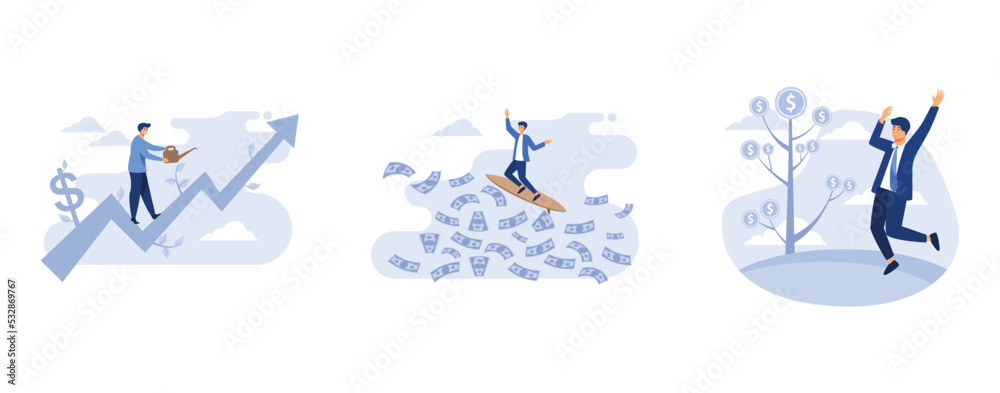 businessman running up graph business tree, businessman surfing financial seas, the glad businessman is standing under the tree of money, set flat vector modern illustration
