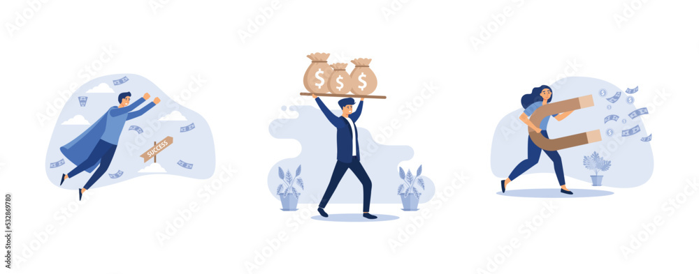 fly jump in career success, standing by the banknotes and big bag full of cash, Happy businesswoman/Office worker collecting money with Magnet, set flat vector modern illustration
