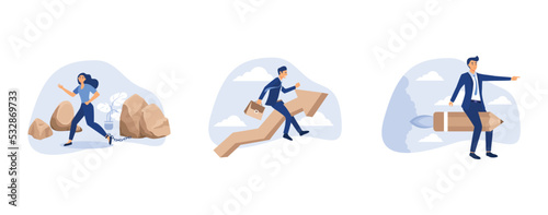 a strong businesswoman brings a big stone, businessman enjoying rising graphic, man designer flies astride pencil and looks for creative ideas, set flat vector modern illustration