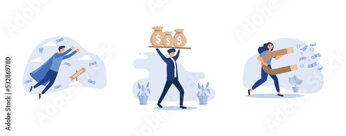 fly jump in career success, standing by the banknotes and big bag full of cash, Happy businesswoman/Office worker collecting money with Magnet, set flat vector modern illustration