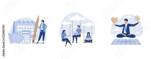 smart woman plan her monthly budget with calendar and piggybank, people businessman and woman office employees working with computer laptop on swing suspend on cloud, stress management balance between