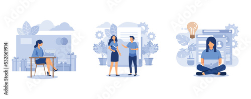 online shopping, data processing, girl designer freelancer develops business application online onlain purse and investment, set flat vector modern illustration