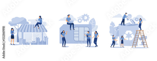 purchase of goods and gifts, mobile sim card, the employee is engaged in recycling garbage, set flat vector modern illustration
