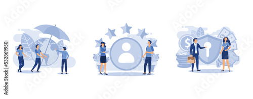 people protect the planet, measuring customer satisfaction and rating stars, concept of money protection, set flat vector modern illustration