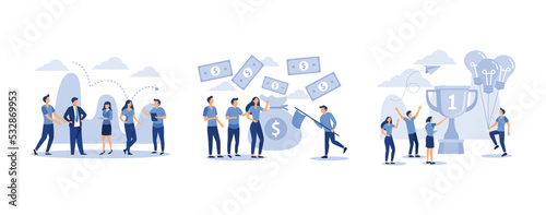 economic downturn, character catches money with a net, observation through a telescope standing on top of a cup, set flat vector modern illustration