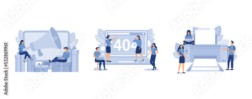 business promotion, error 404, people print documents, set flat vector modern illustration