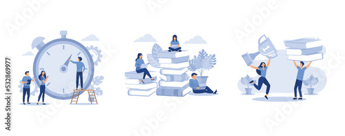 time management concept, people learn and gain knowledge, online books and study guides, set flat vector modern illustration