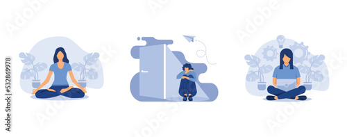 yoga body health benefits, a young woman in a state of depression is sitting under the door, the rise of the career to success, set flat vector modern illustration