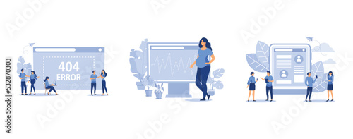 error 404, a pregnant woman expecting a baby on diagnosis, communication via the Internet, set flat vector modern illustration