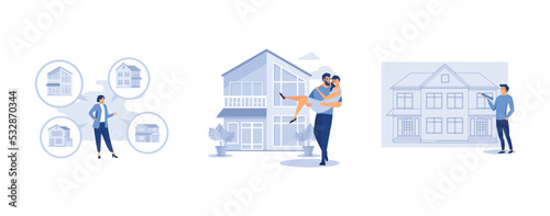 investing in real estate, couple in love and hearts, Real estate business concept with houses, set flat vector modern illustration
