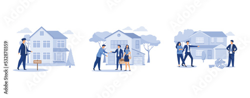 real estate business concept with houses, concept of saving and investing money, buying and choosing housing, set flat vector modern illustration