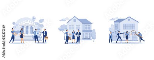Bank financing, real estate and turnkey rentals, house selection and search, set flat vector modern illustration