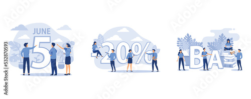 little people are preparing for the holiday, discount of 20%, girl and boy for gadgets learn languages, set flat vector modern illustration